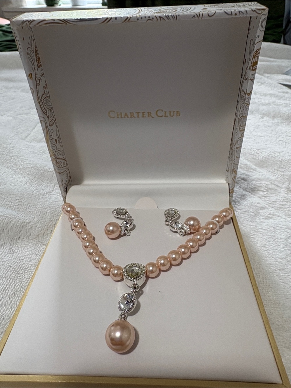 Charter Club Pink Pearl Necklace & Earrings Set NWT